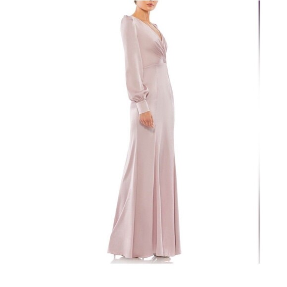 New Ieena for Mac Duggal Rose Pink Satin Bishop Sleeve Gown Size 16 Retail $398 - Picture 2 of 3